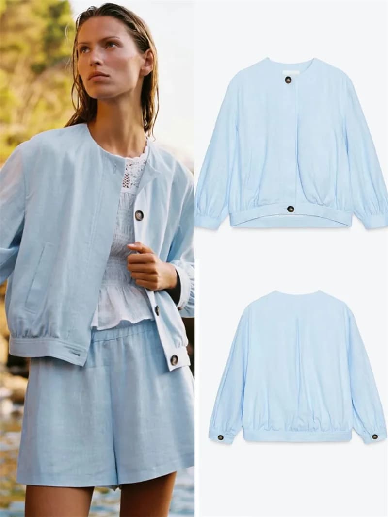 Giacca da pilota a maniche lunghe in misto lino alla moda, nuova collezione estiva da donna, capospalla semplice ed elegante antivento per il pendolarismo, pezzo unico