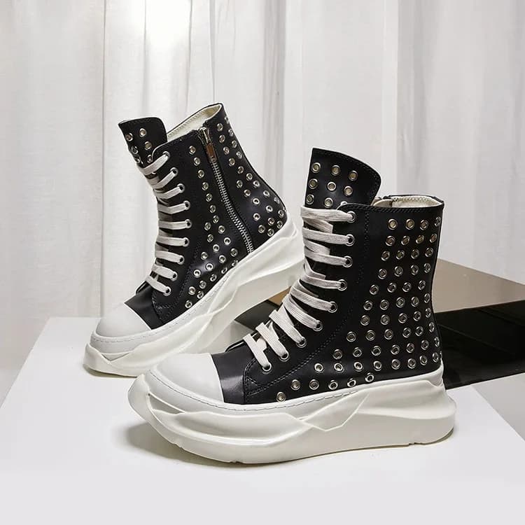 Vintage Men Shoes High-TOP Platform Boots Heightening Real Leather Rivets Sneaker Luxury Trainers Casual Zip Black Shoes