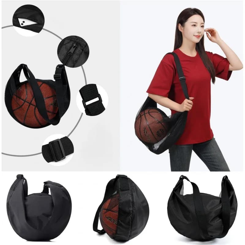 Lightweight Mesh Ball Bag Fits Size 7 Basketball Soccer Volleyball Crossbody Carrier With Adjustable Strap & Zipper Shoulder Bag