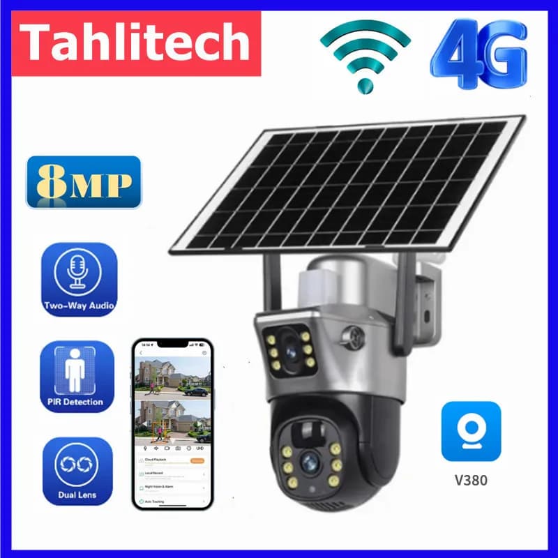 Telecamera solare wireless 4G Sim Outdoor Dual Lens WiFi 8MP 4K IP Camara Pannello solare CCTV Sicurezza Batteria incorporata PIR Cam V380