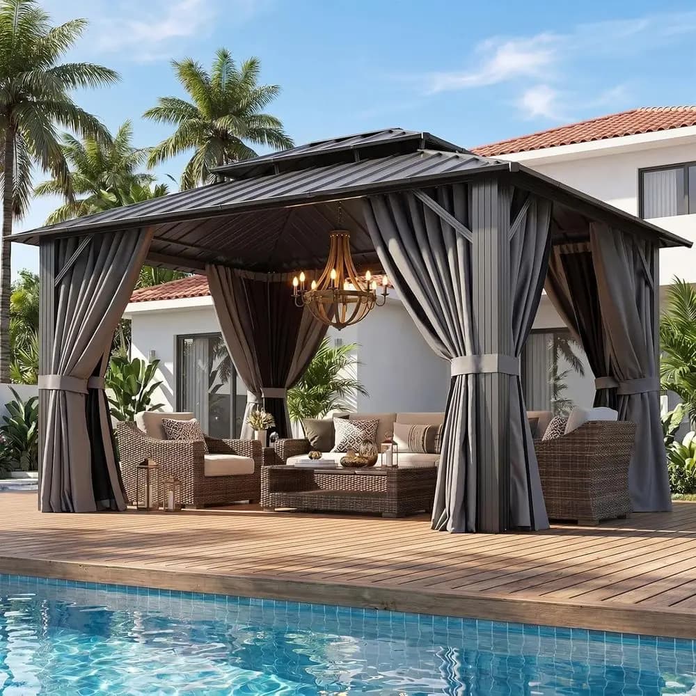 Double Galvanized Steel Hardtop Gazebo with Breathable Netting and Privacy Curtain for Outdoor Pavilion Use (Gray)