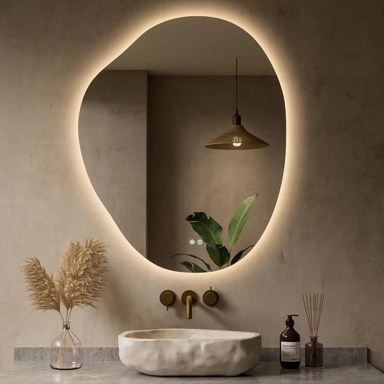 Asymmetrical Irregular LED Bathroom Mirror 30x36 Inch HD Tempered Glass Backlit Stepless Dimmable 3 Color Lights Fast Safe Defog