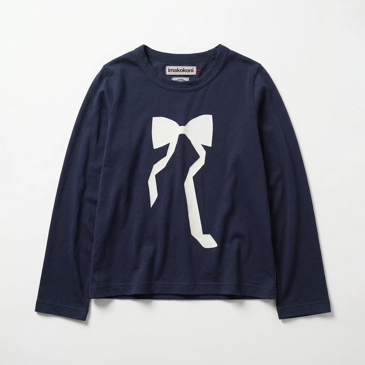 Deep blue T-shirt for women, imakokoni spring pure cotton forest style artistic bow print long sleeved round neck top 265412