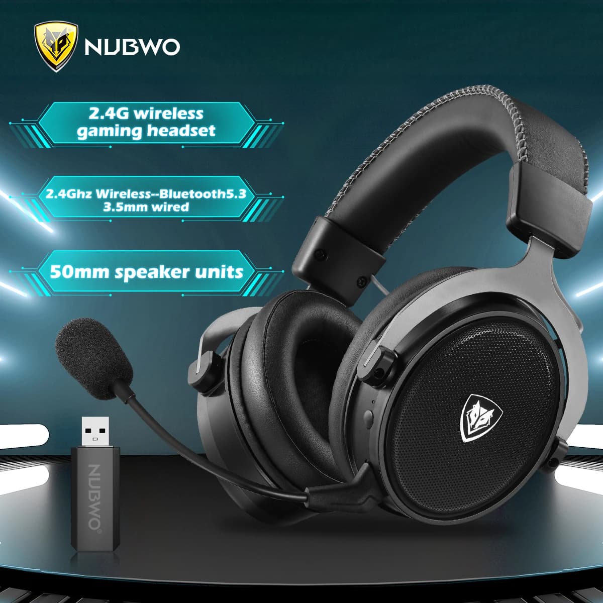 Wireless gaming headphones NUBWO 2,4 GHz stereo headphones and Bluetooth 5.3 with noise cancelling with PS5 microphone, PS4, PC, Mac