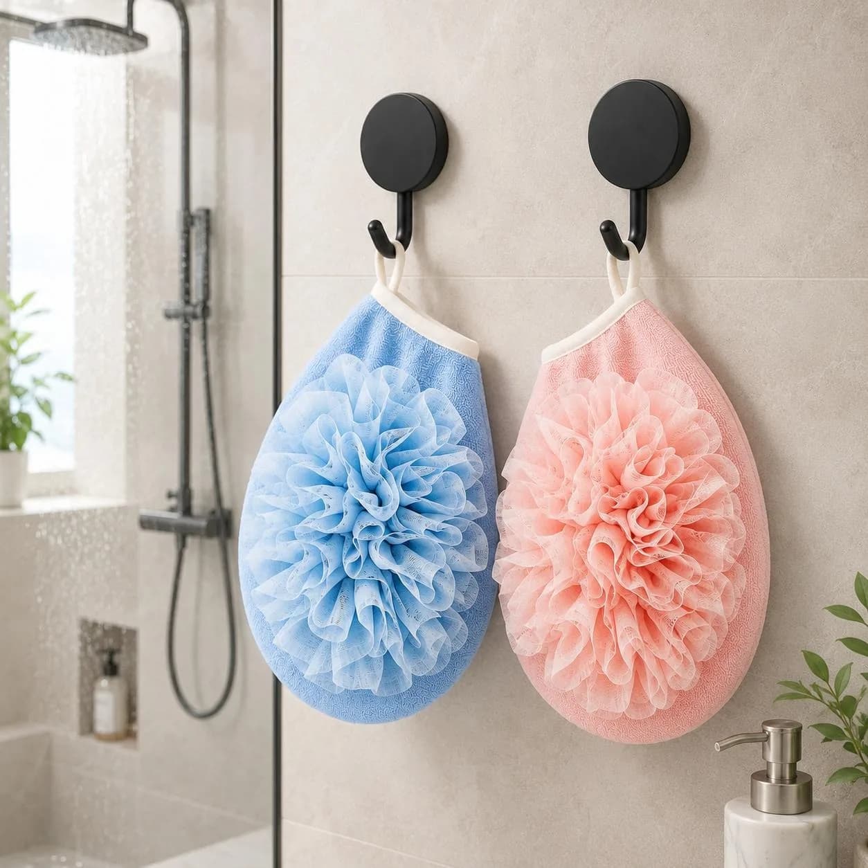 2 Pairs of Bath Gloves + 2 Hook Sets in Blue for Men and Pink for Women, Double-Sided Scrubbing Foaming Bathroom Practical Set