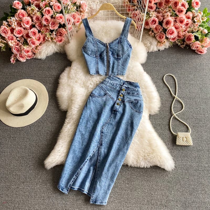 Summer Vintage Women Denim Sets Suspender Short Vest Top +High Waist Denim Skirts 2Pcs Suits Ladies Slim Jeans Skirt Sets