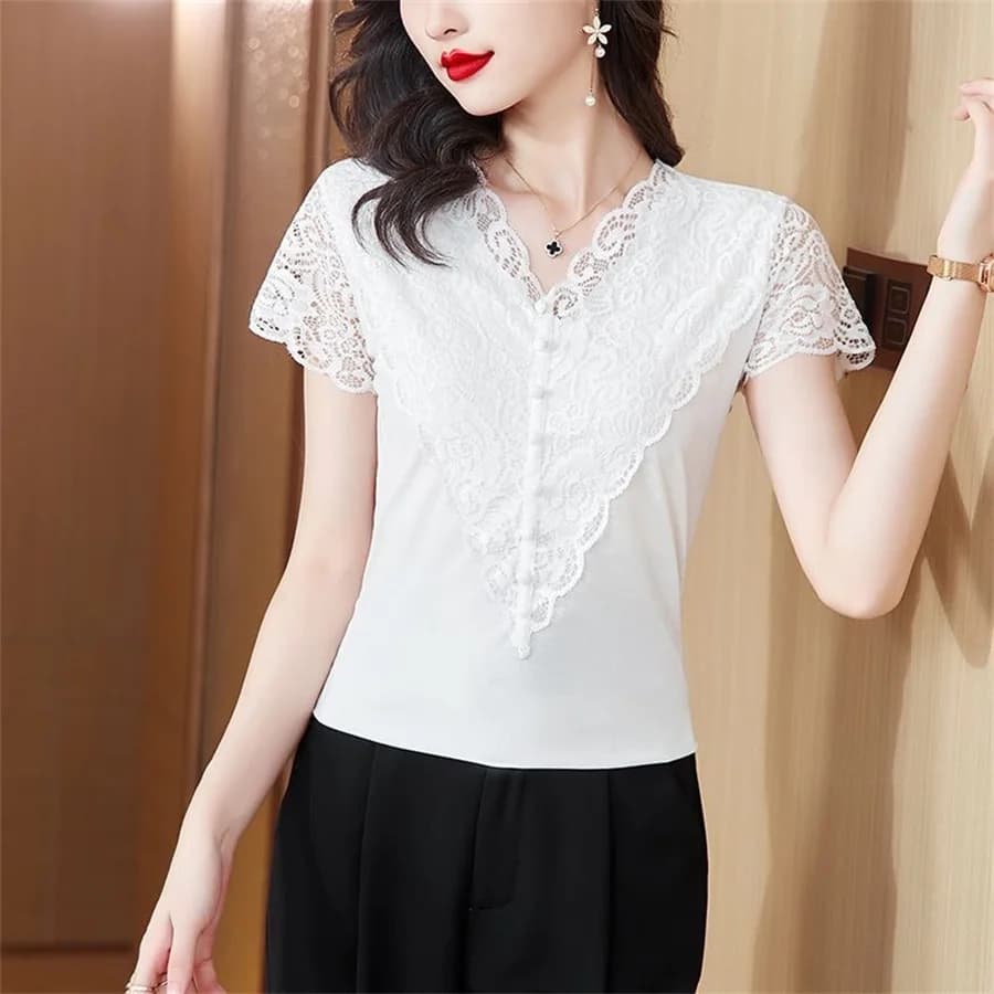 Women's Summer Lace blouses Lady Casual Short Sleeve with V-neck Lace Patchwork Blusas Top DF4899