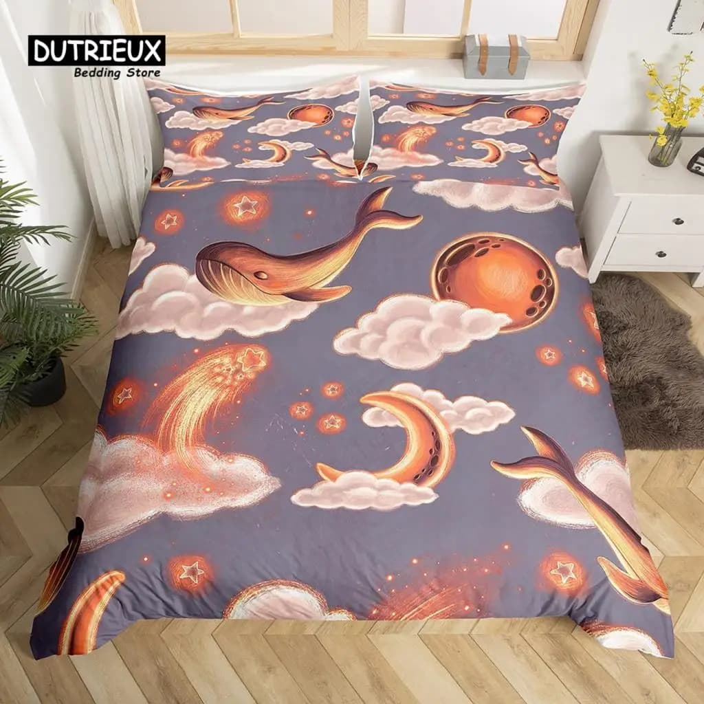 Cute Whale Duvet Cover Set Starry Sky Star Moon Comforter Cover Microfiber Cartoon Animals Bedding Set King Size for Boys Girls