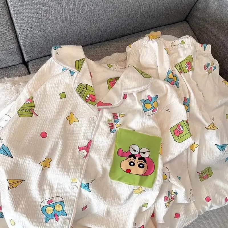 Set Pigiama Estivo per Bambini Crayon Shinchan, 2 Pezzi, Cardigan a Maniche Corte, Abbigliamento da Notte Anime per Ragazze e Ragazzi
