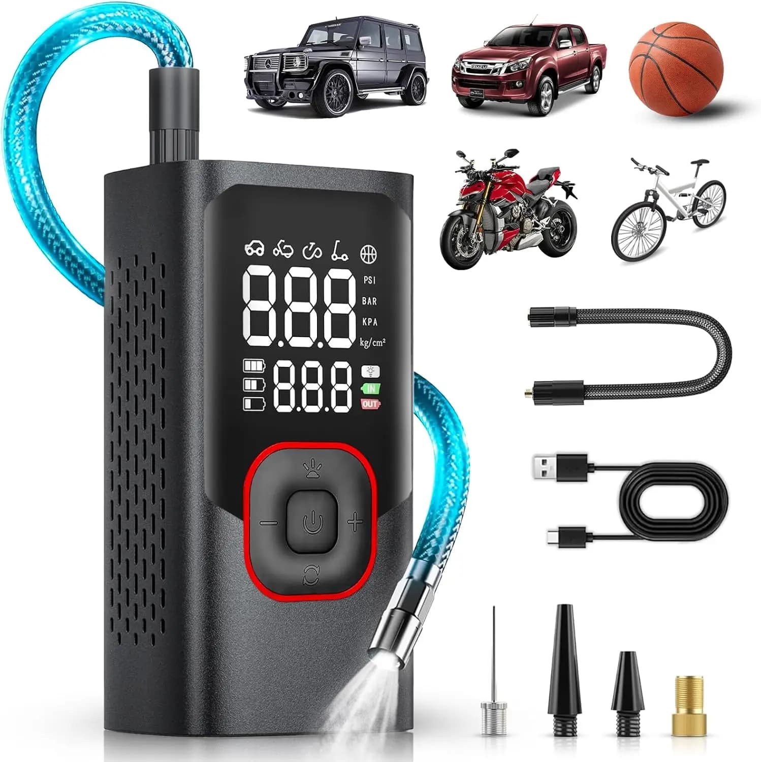 Gonfiatore portatile per pneumatici, pompa d'aria ricaricabile 15000mAh con luce LED e manometro per auto, moto, bicicletta