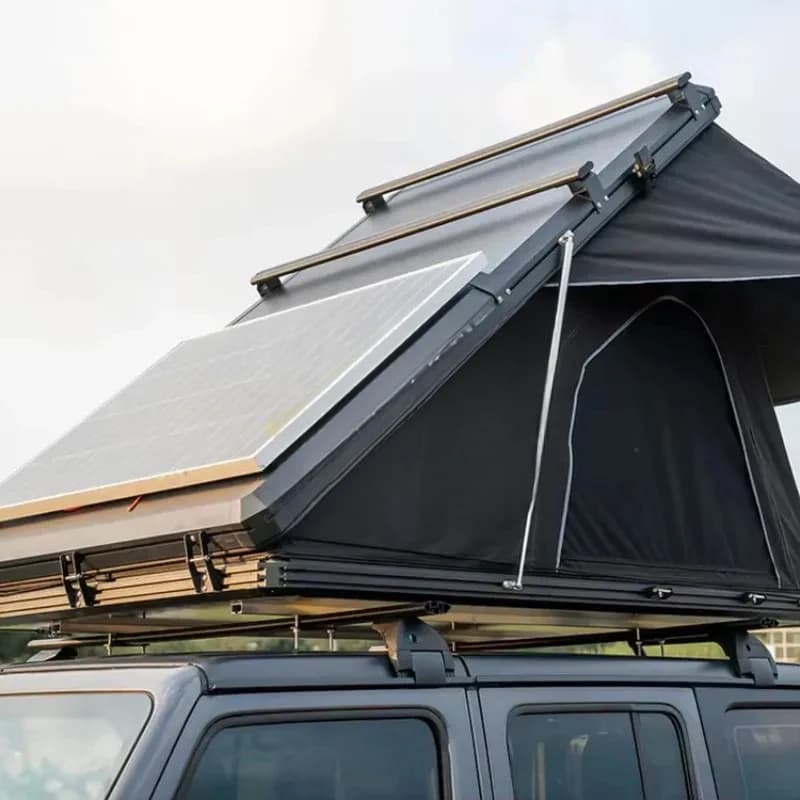High Quality 3-4 Person Triangle Aluminum Hard Shell Rooftop Tent With Solar Panel Outdoor Camping Gear