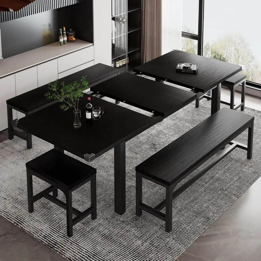 Set da Pranzo 5 Pezzi per 4-8 Persone, Tavolo da Cucina Allungabile con 2 Panche e 2 Sgabelli Quadrati, Stile Mid-Century