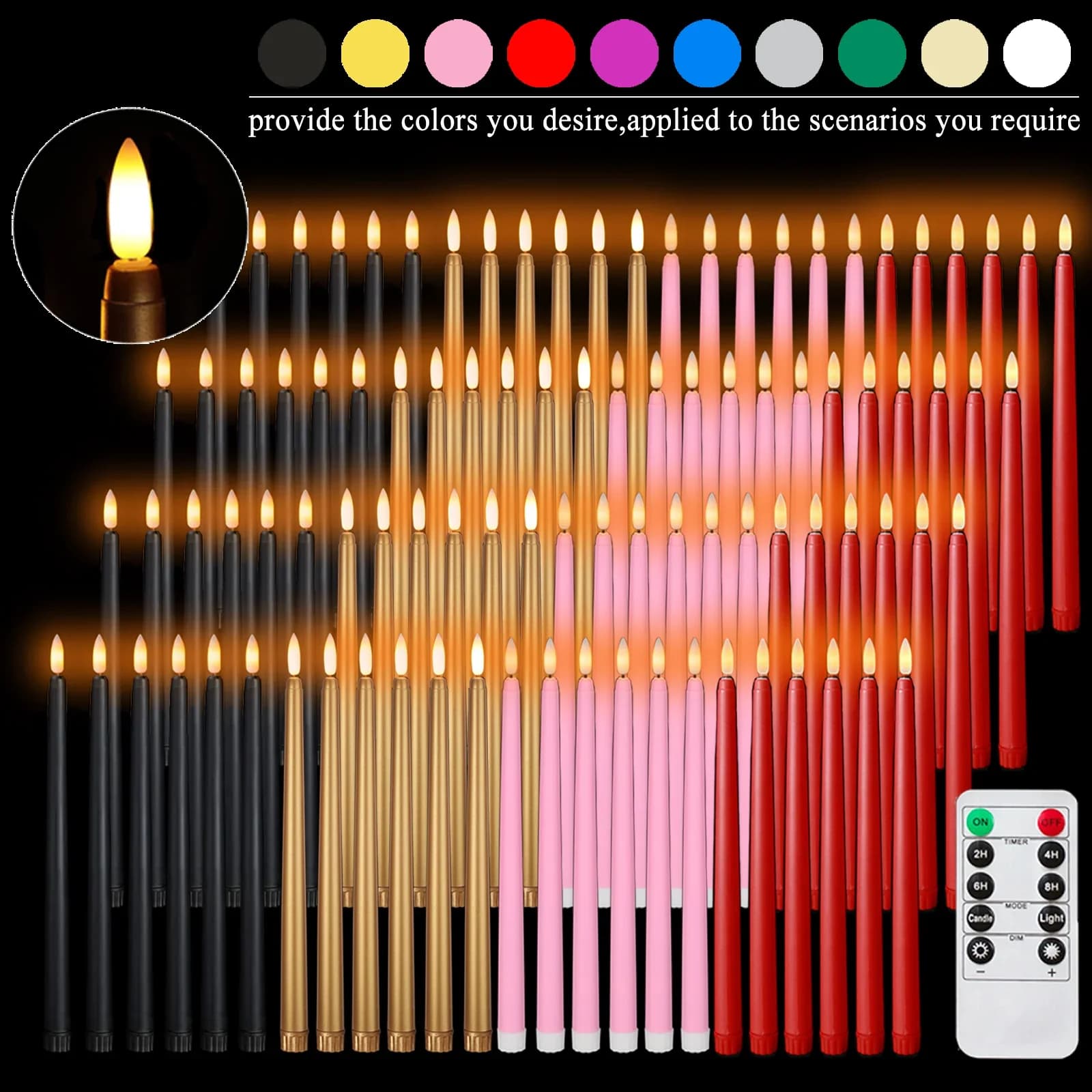 12-120Pcs LED Taper Candles Artificial Black Flameless Flickering Candle Christmas Lights Home Birthday Wedding Candles Battery