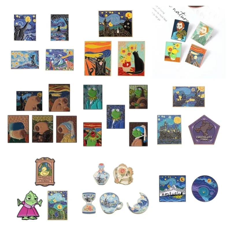 Pittura a olio Smalto Pin Personalizzato Van Gogh Arte Cielo stellato Onda Gatto nero Spilla Borse Distintivi da bavero Gioielli Abbigliamento Accessori regalo
