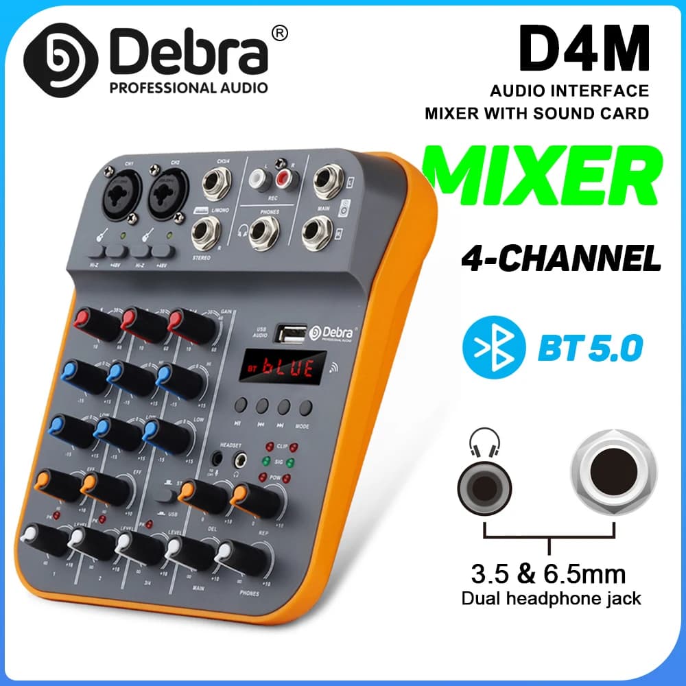 Debra D4M Sintonizzatore Audio a 4 Canali, Console DJ con Bluetooth 5.0, Alimentazione Phantom 48V, Scheda Audio USB per Registrazione su Computer, Karaoke