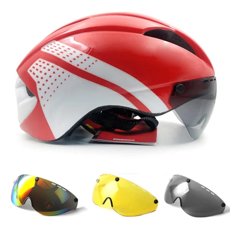 Bicycle Helmets TT Time Trial Aerodynamic Helmet Running Glasses Road Bike Helmet with Lens Safety Hoods for Outdoor Cycling for Women Men