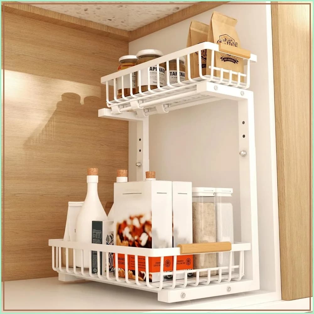 Under Sink Organizer, 2-Tier Pull Out Storage Shelf, Height Adjustable Metal Rack for Bathroom Kitchen Pantry