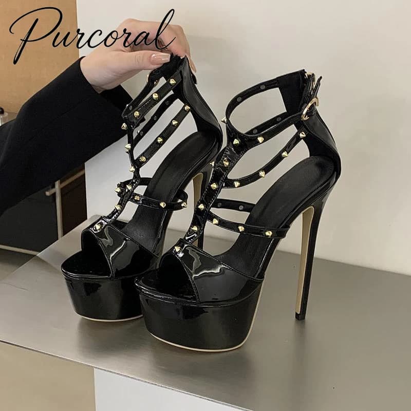 Purcoral 2026 Black Patent Leather Women Platform Sandals Gold Rivet T‑Strap Ankle Buckle Open Toe Stiletto High Heel