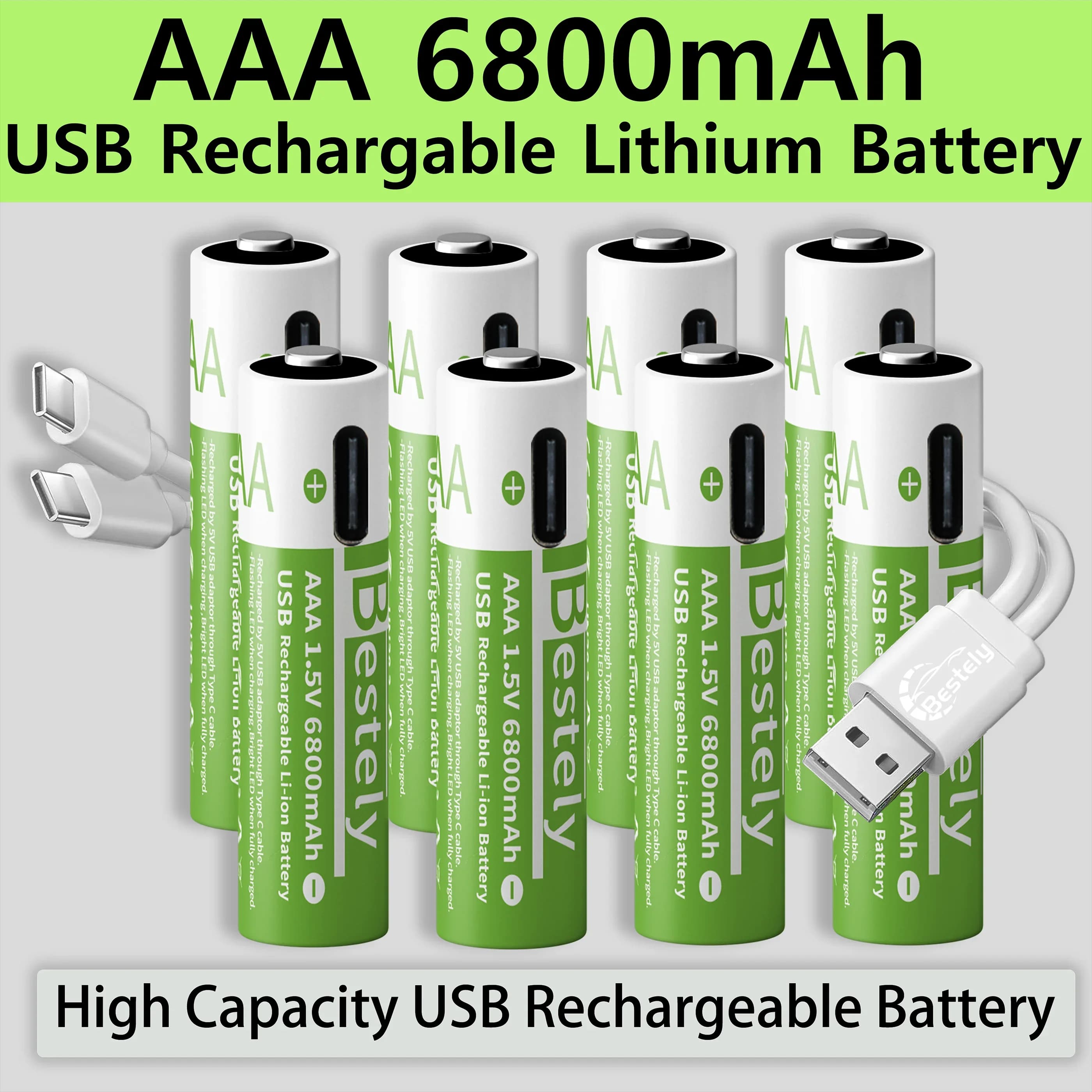 New 1.5V AAA 6800mAh Rechargeable Lithium Batteries High Capacity AAA Li-ion Battery Type-C USB 2000 Times Cycle with Free Cable