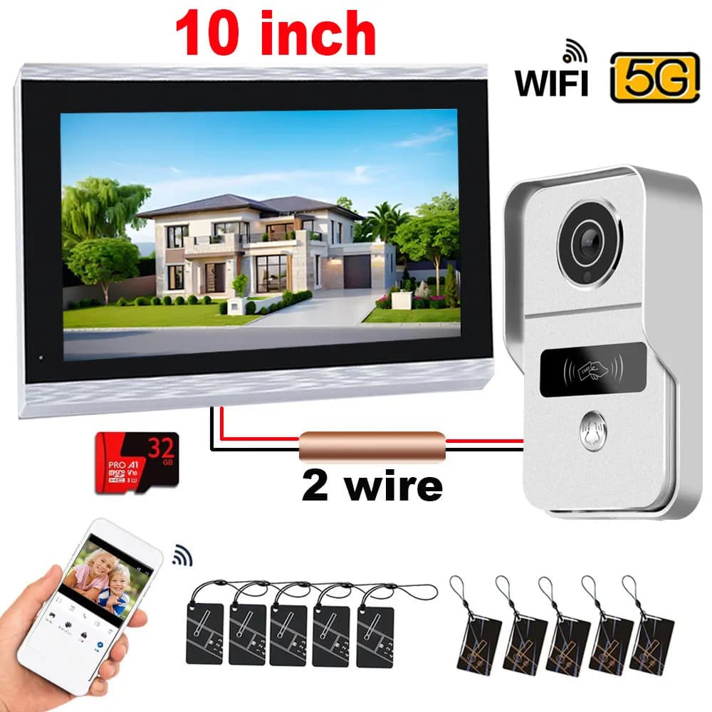 1080P 10 Inch 7" Touch Screen Wifi Video Doorbell, Smart TUYA Home Video Intercom 32G Card Rceord Kit Monitor ID Unlcok 2 Wire