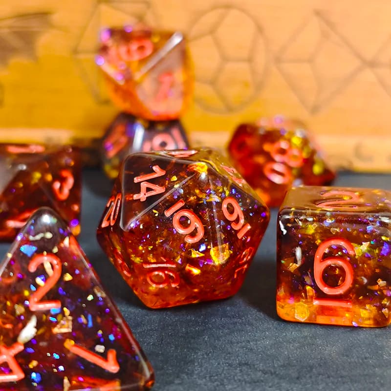 Set di Dadi Poliedrici in Resina Arancione Fuoco, Set da 7 Dadi DND con Numeri Arancioni per Dungeons & Dragons, TTRPG, Giochi di Ruolo da Tavolo