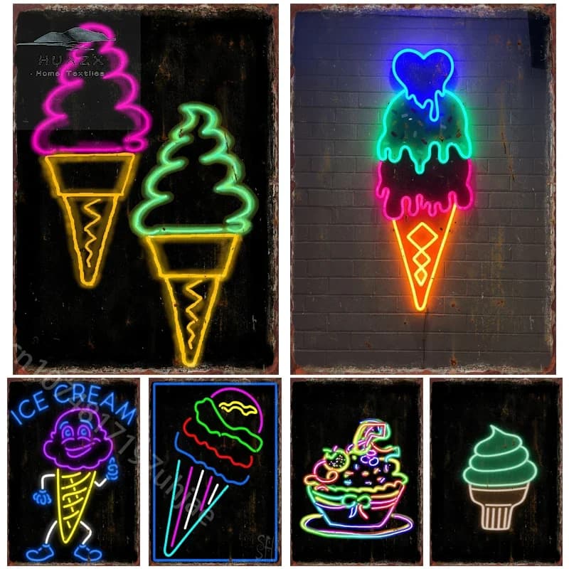 Neon Ice Cream Metal Tin Sign Restaurant Bar Coffee Shop Summer Time Wall Decor pittura targa Home Kitchen Decoration poster