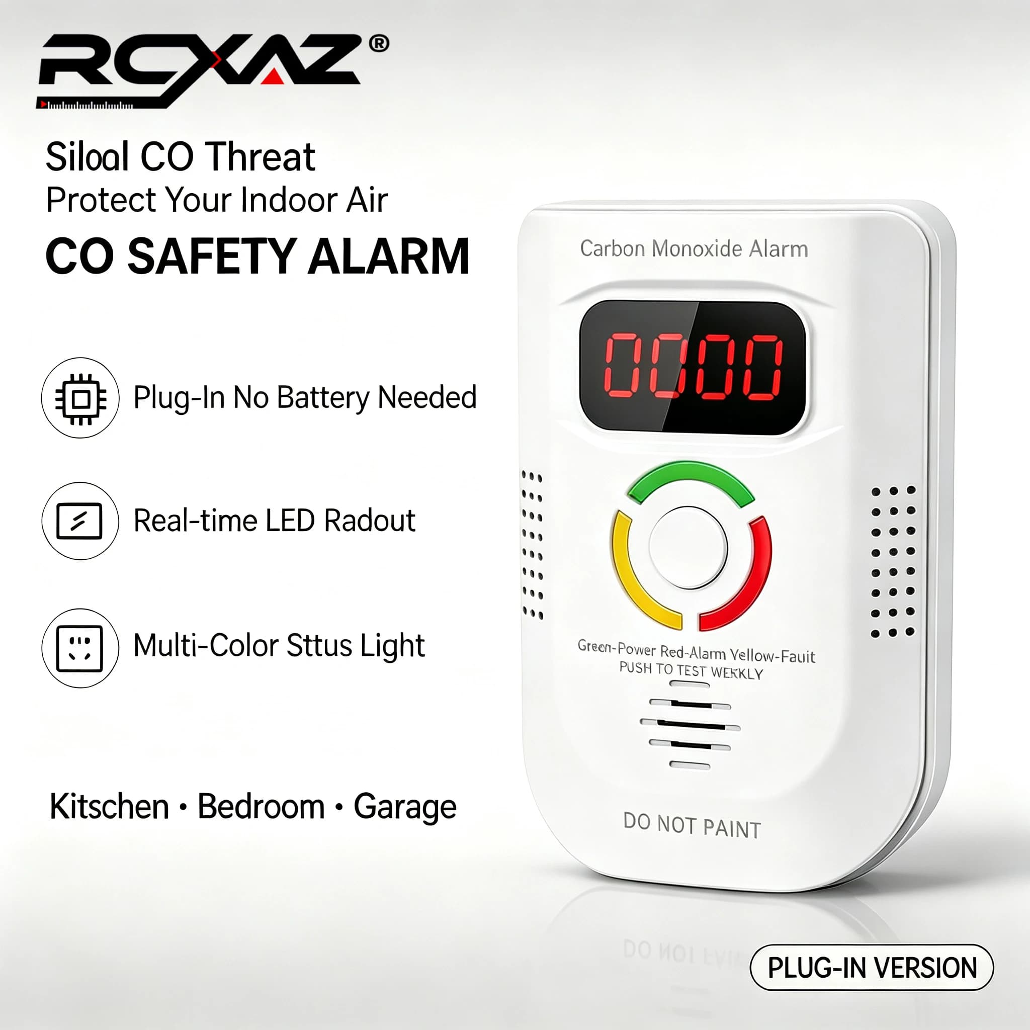 RCXAZ Carbon Monoxide Detector Plug-in Wall & Portable Gas Alarm with Digital Display LED for Home Office Kitchen