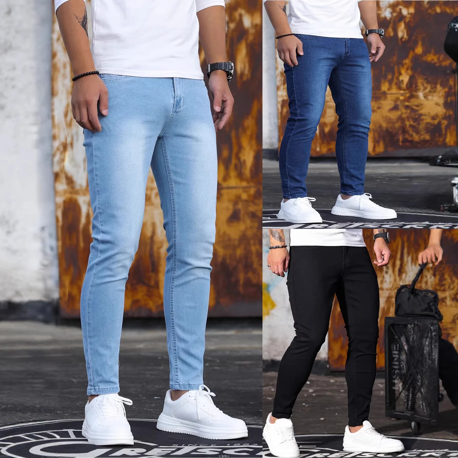 Men's Slim Fit Denim Pants Classic Tight Motorcycle Pants Work Pants Regular Washed