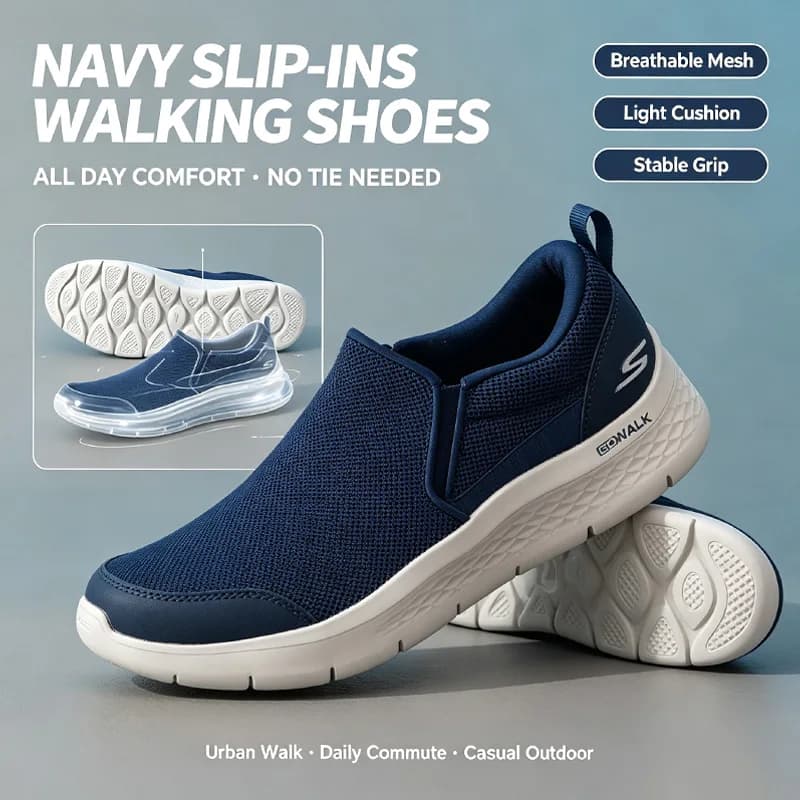 Skechers Men Navy Slip On Walking Shoes Breathable Knit Mesh Light Cushion Arch Support Daily Loafer Casual Sneakers 894181-NVY