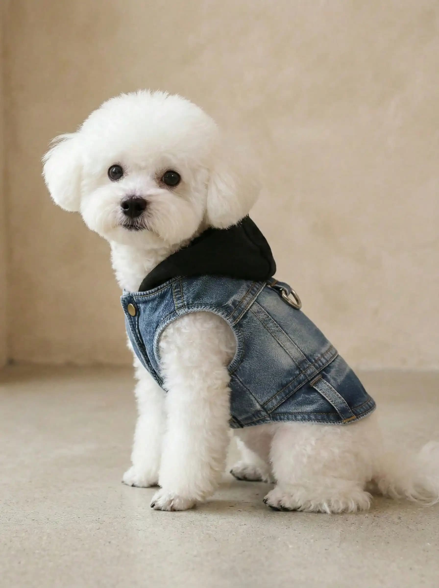 Gilet in Denim con Cappuccio e Imbracatura per Cani di Piccola Taglia - Abbigliamento Primavera Autunno
