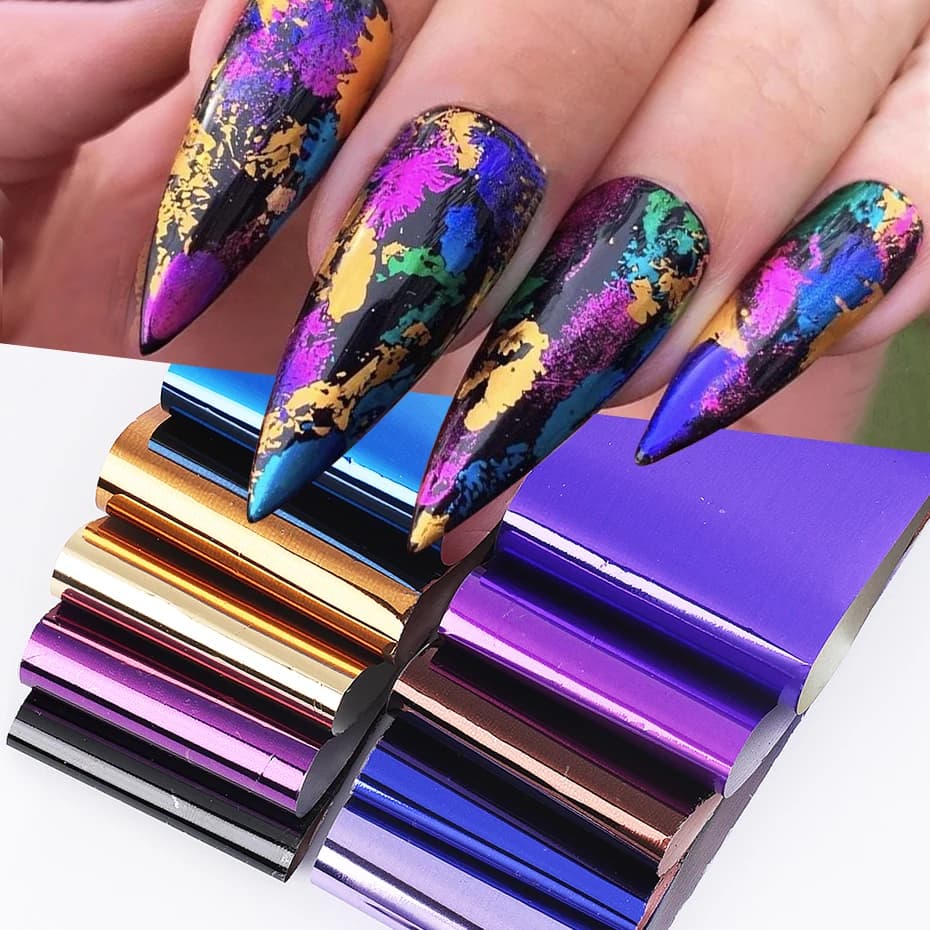 10 fogli metallici per trasferimento unghie, specchio, oro, argento, viola, carta stellata, adesivo per trasferimento di smalto gel, modello fai da te, decorazione per manicure
