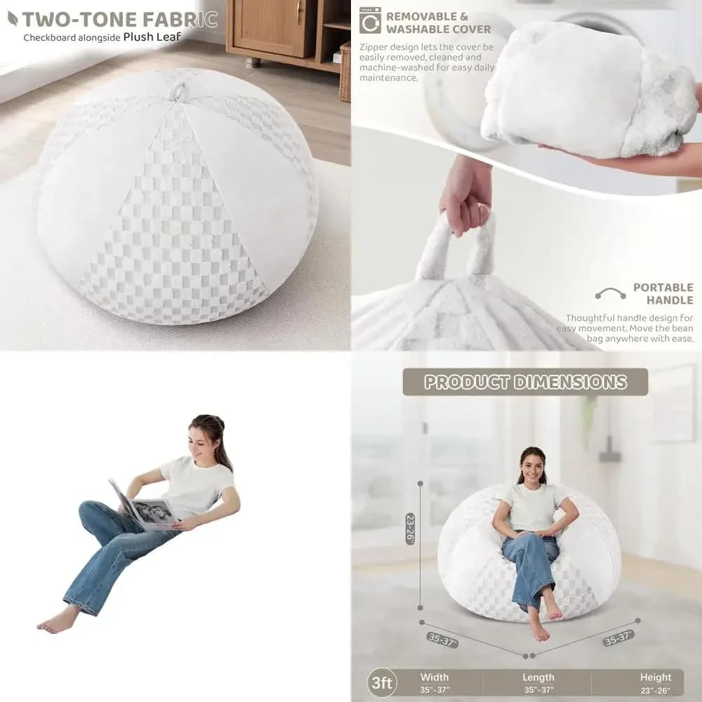 Poltrona a sacco a goccia riempita in memory foam e divano a quadretti bianco peluche con copertura rimovibile per il comfort domestico
