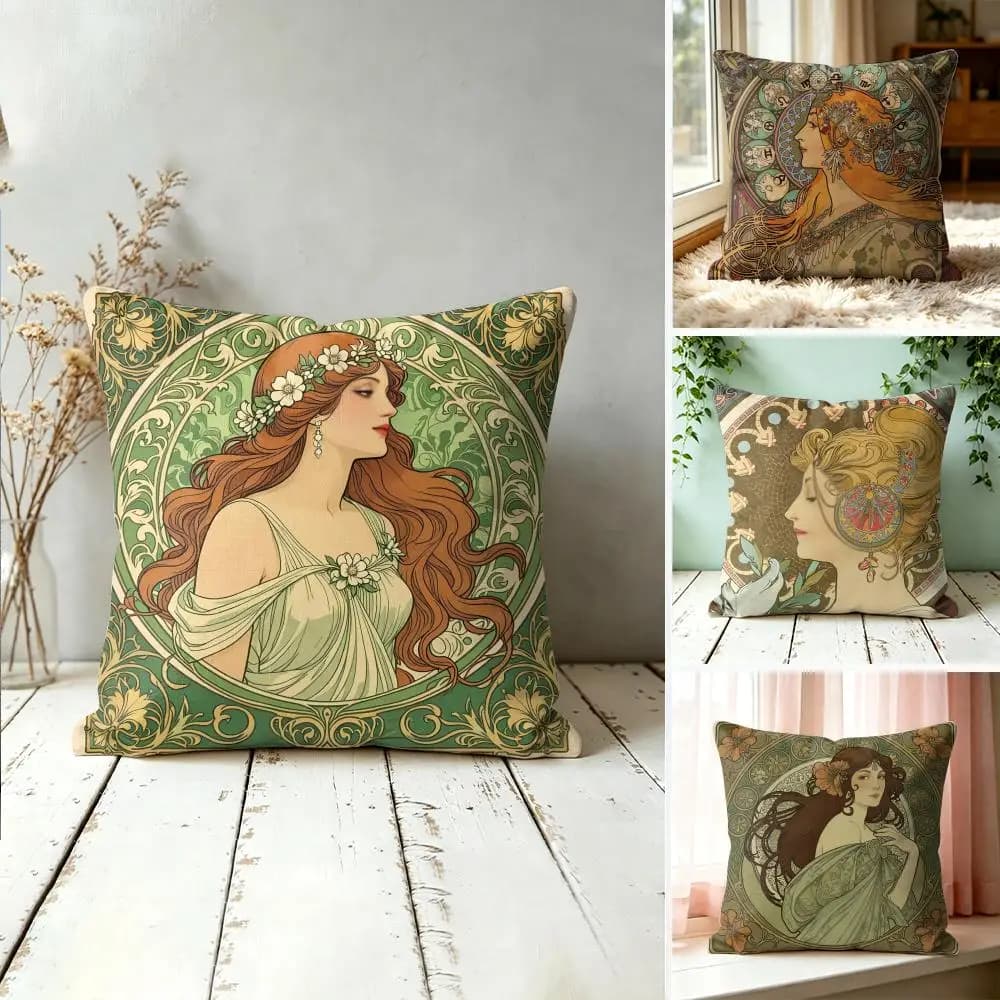 A-ALFONS MUCHAS Retro Cushion Cover Square Pillow Bedroom Sofa Leisure Comfort Living Room Home Decoration 40X40