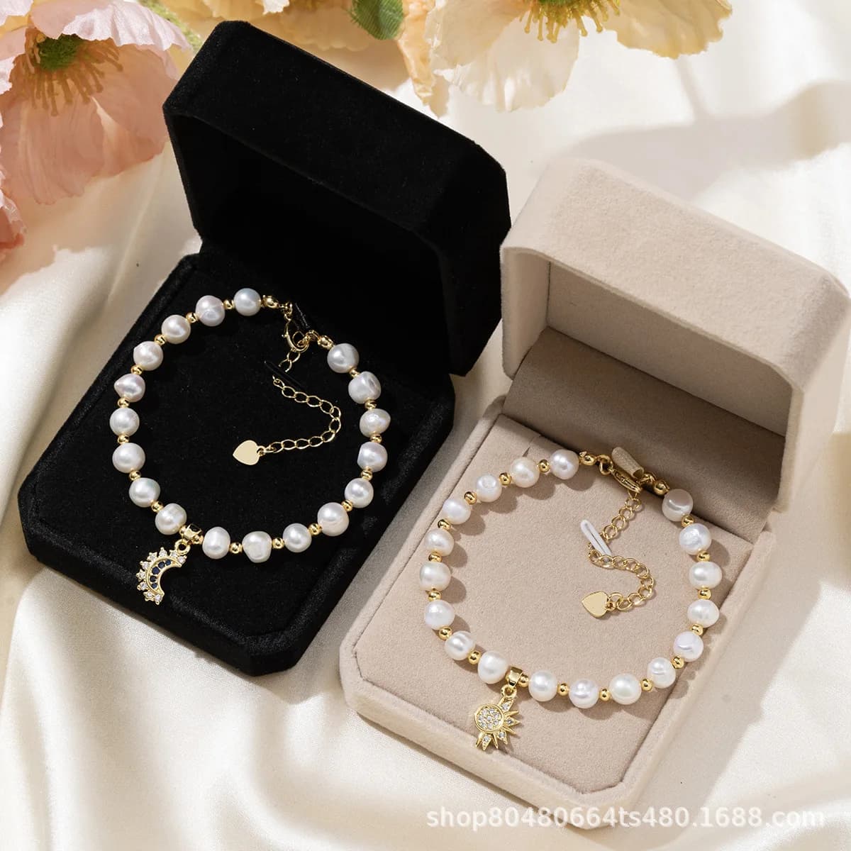 Natural freshwater pearl bracelet, premium bangle with copper setting, cubic zirconia, and real gold plated sun and moon charms - couple's jewelry