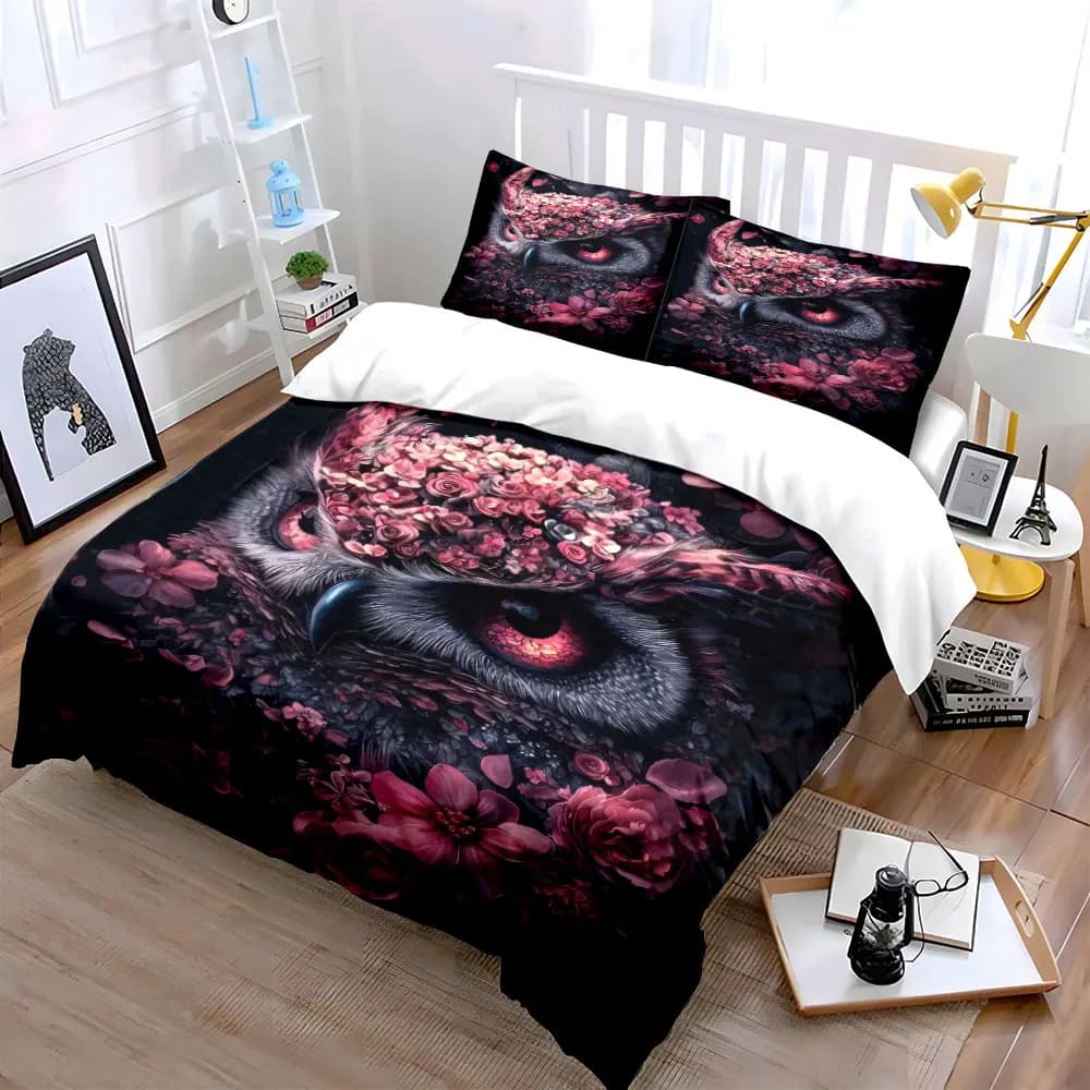 Floral Owl Art Set Decoration Bedding Set with 1 Duvet Cover 2 Pillowcases Single Double King Queen, Gift
