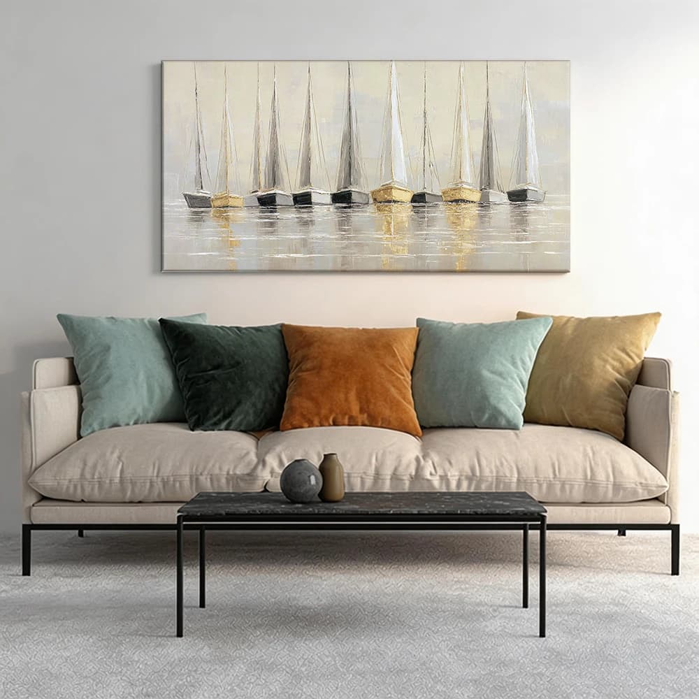 Painted on canvas with large wooden frame, 1 piece, painted with sailboat, serene scene.