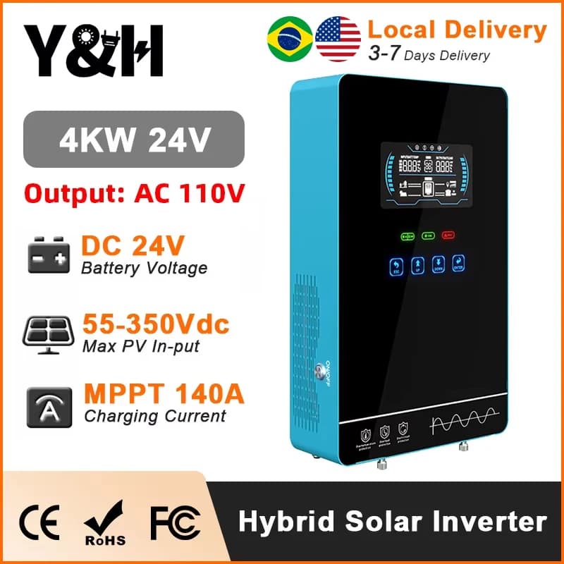Y&H 4KW Inverter solare ibrido 24V 110V Onda sinusoidale pura Avviamento senza batteria MPPT 140A Caricatore solare integrato Sistema solare BMS/WiFi