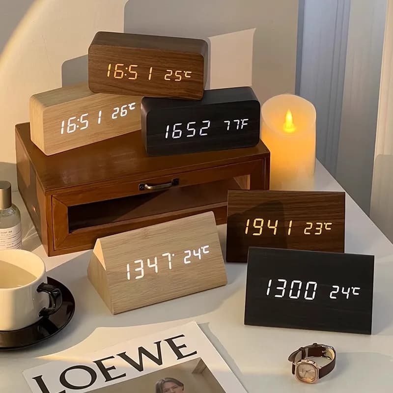 Sveglia silenziosa luminosa digitale da tavolo con pendolo elettronico a LED in legno