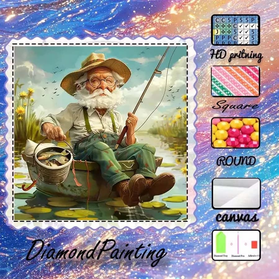 1 piece of 5D DIY flocking cloth, special drill, diamond painting kit, fishing, old man, pattern mosaic, diamond art