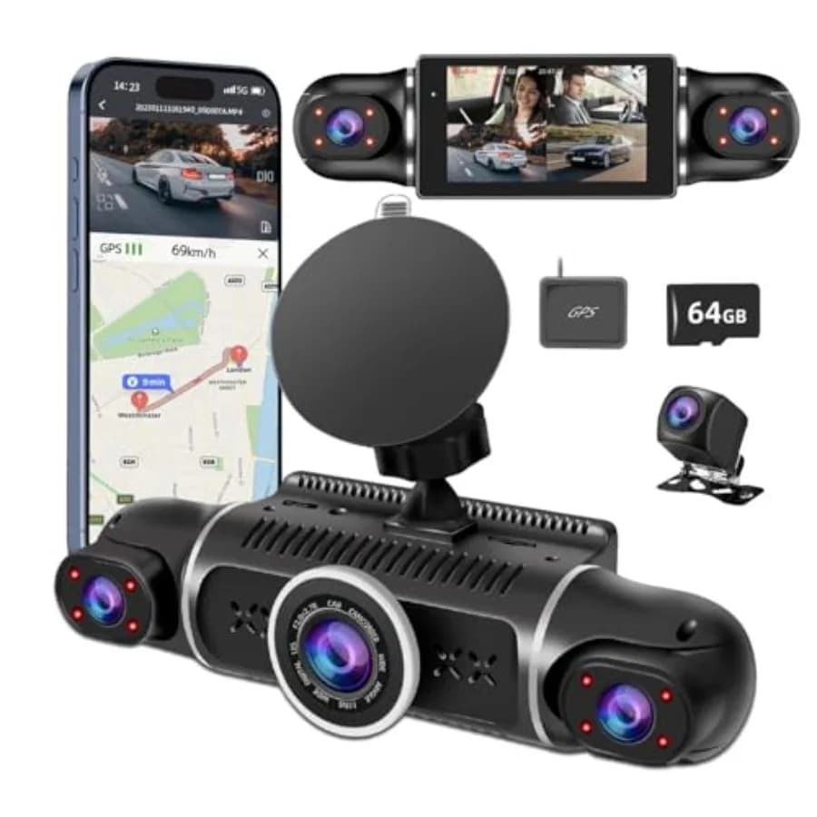 Car dash cam with FHD 2K+1080P front/rear view, aluminum alloy body, black, 360 coverage via 170+2x150+170 wide-angle lenses, 8