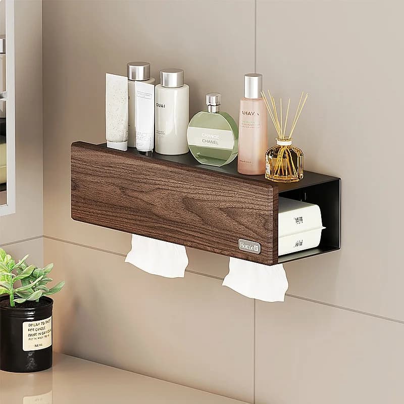 Mid-Century Walnut Toilet Paper Holder Wall Mount Bathroom Tissue Box Storage Rack
