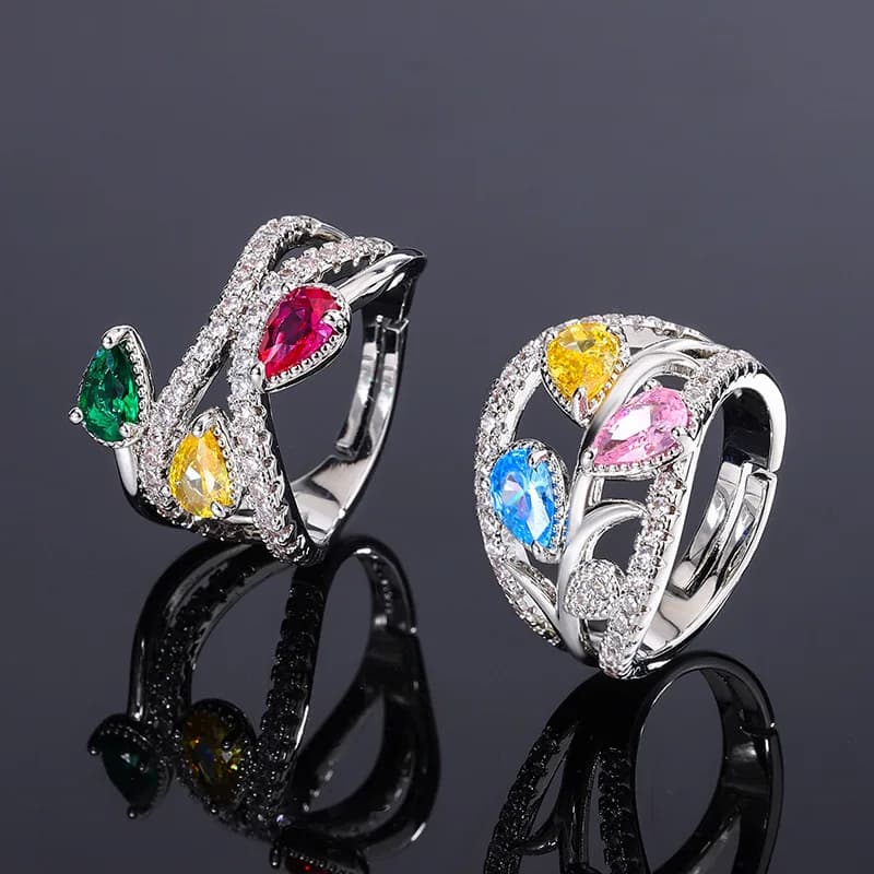 Gioielli Anello con zirconi colorati con strass per donna, anello con pietre preziose micro-intarsiate di lusso leggero europeo e americano