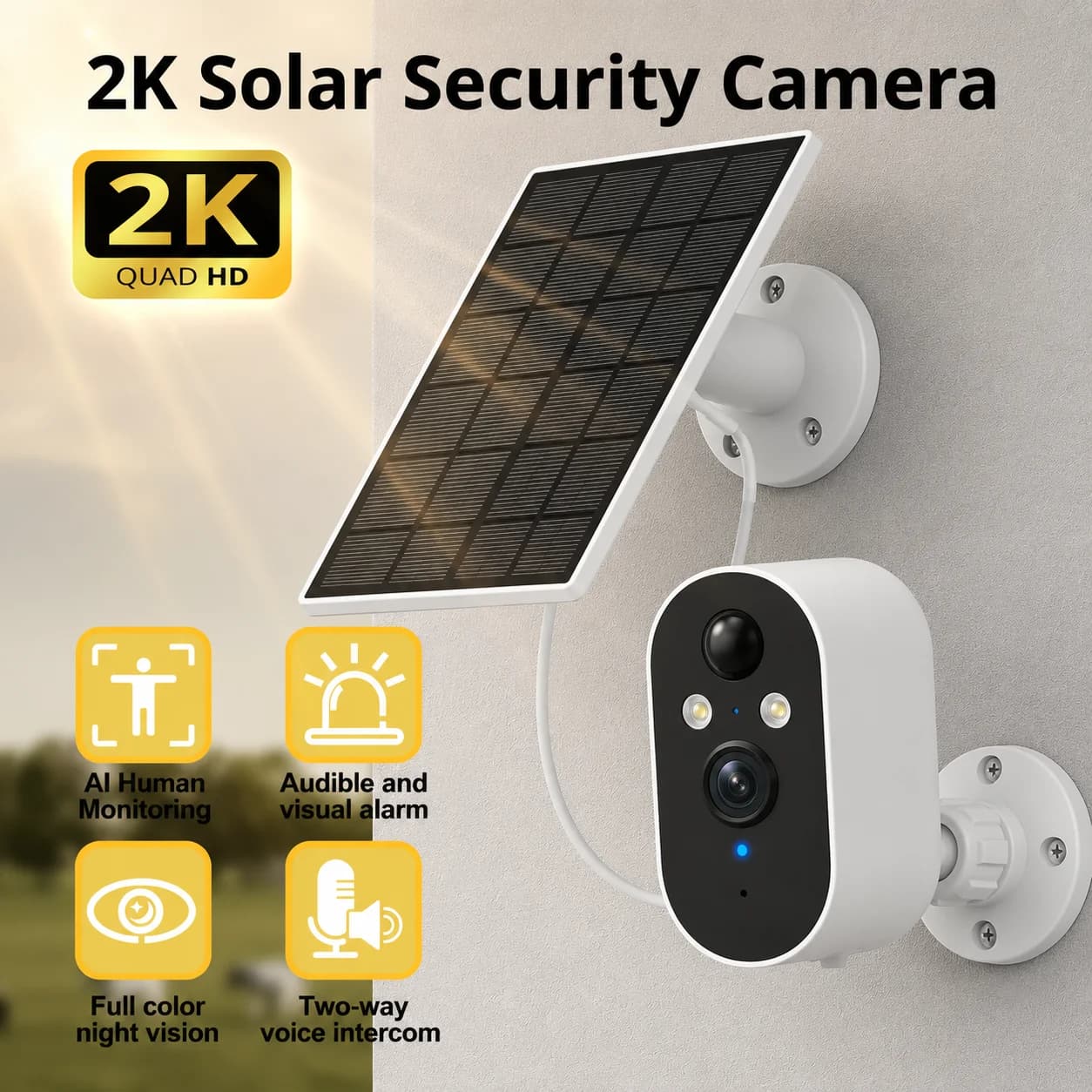 The intelligent WiFi security camera is a 360° pan-tilt wireless surveillance camera with features such as motion detection, color night vision, two-way audio, and remote viewing. It is suitable for the front door, garage, indoor spaces, and backyard.
