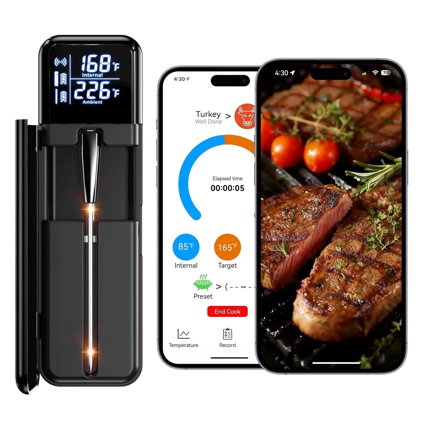 Wireless Meat Thermometer with Double Sensors, App Control for Kitchen, Barbecue, Oven, Grid, Air Fryer