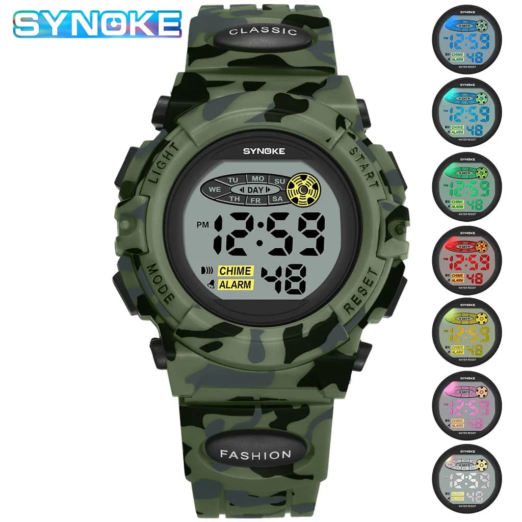 SYNOKE Children's Sports Watch Colorful Electronic Clock Waterproof Kids Digital Watch Camouflage