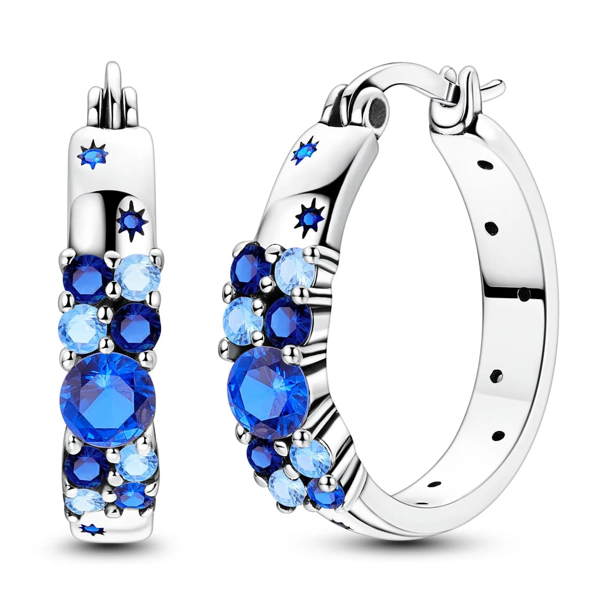 925 Sterling Silver Sparkling Starry Sky Blue Cubic Zirconia Star Hoop Earrings for Women Party Wedding Versatile Jewelry Gift