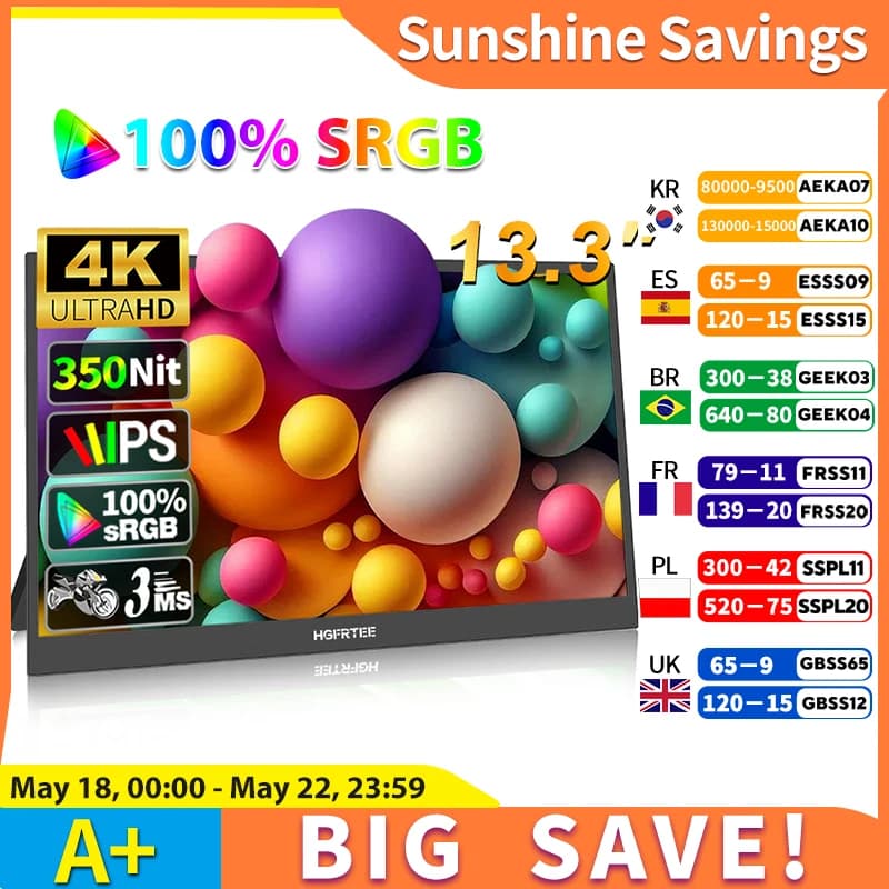 HGFRTEE 3840*2160 Monitor portatile 4K da 13,3 pollici 100% sRGB 350Cd/m2 Secondo schermo per MAC/Laptop/PC/Xbox/PS5/Switch