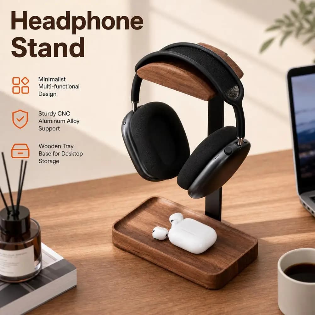 Head Mounted Headphone Stand Solid Wood Headphone Stand E-sports Game Headset Hanger With Base Storage