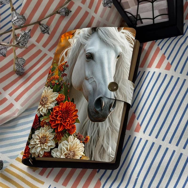 Quaderno in pelle PU con stampa artistica di cavallo bianco da sogno e fiori autunnali, con chiusura a bottone, diario di viaggio, agenda, blocco note per l'ufficio