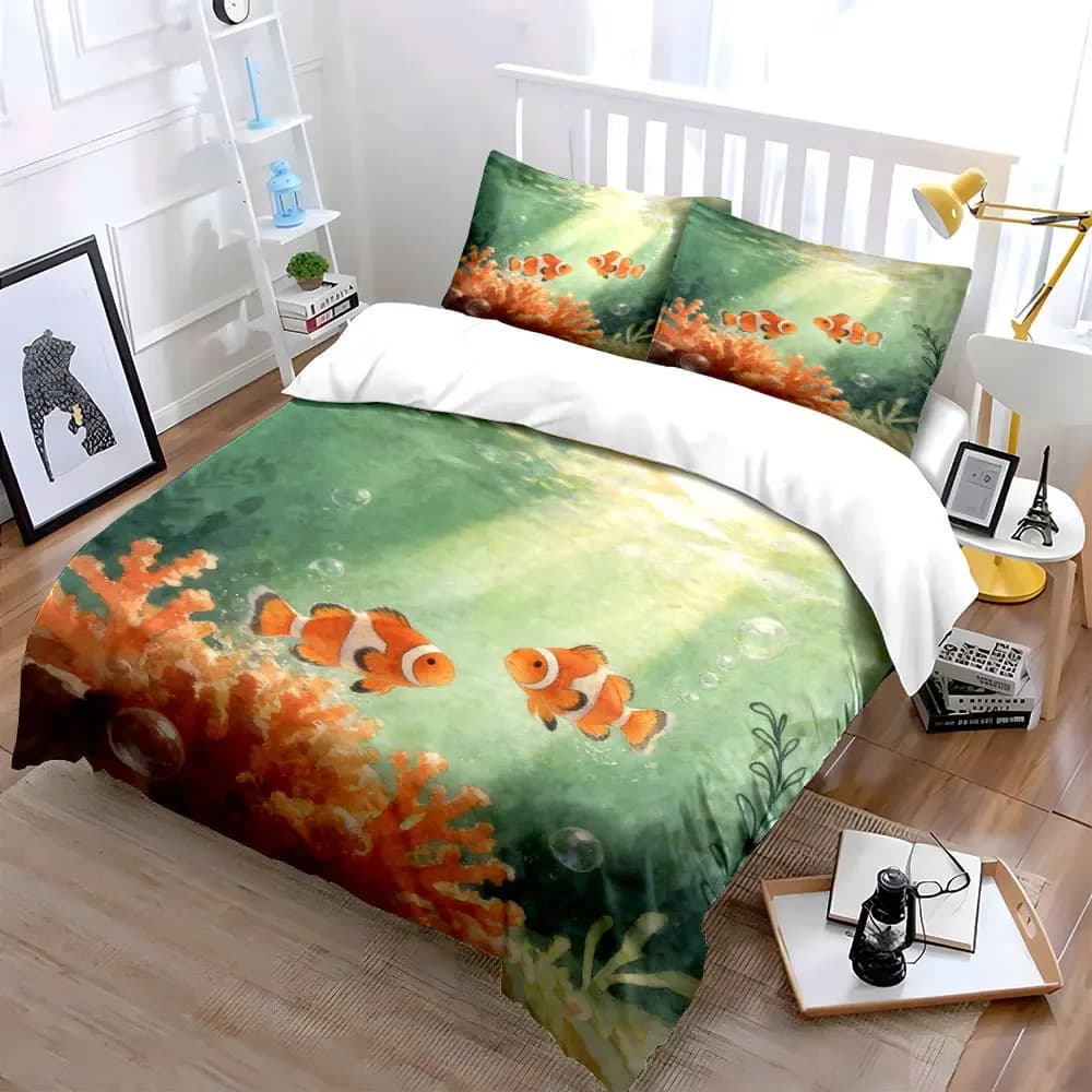 Set di biancheria da letto con copripiumino morbido e confortevole, motivo pesciolino clown subacqueo, include 1 copripiumino e 2 federe, idea regalo